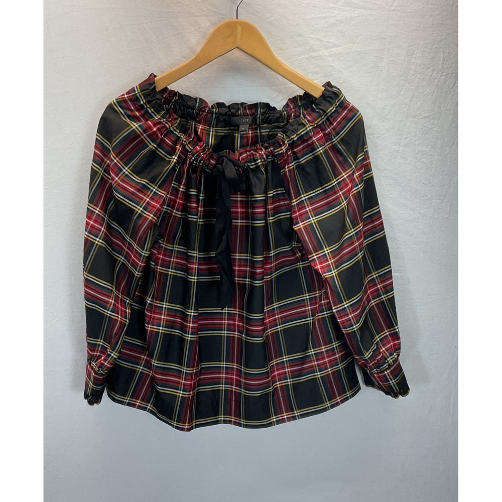 J Crew Shirt Women's M Black Red Stewart Plaid Holiday Boat Neck Top Blouse Silk